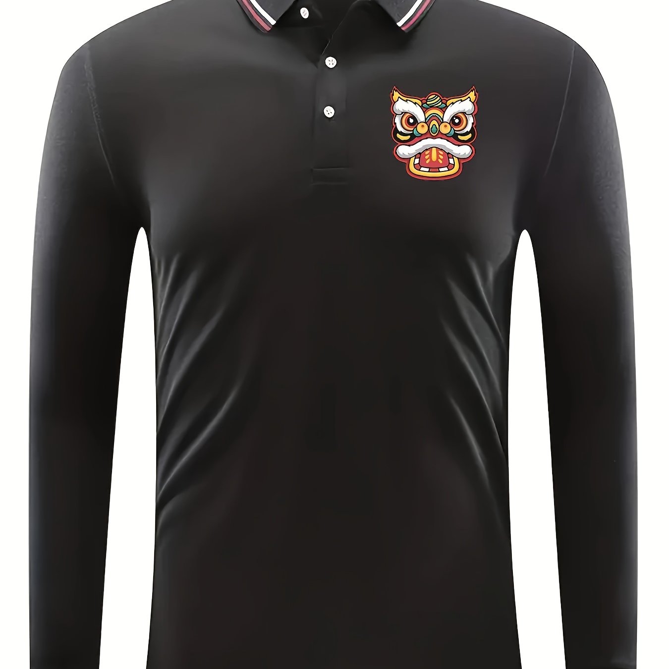 Lion Head Pattern Men's Long Sleeve Polo Shirt