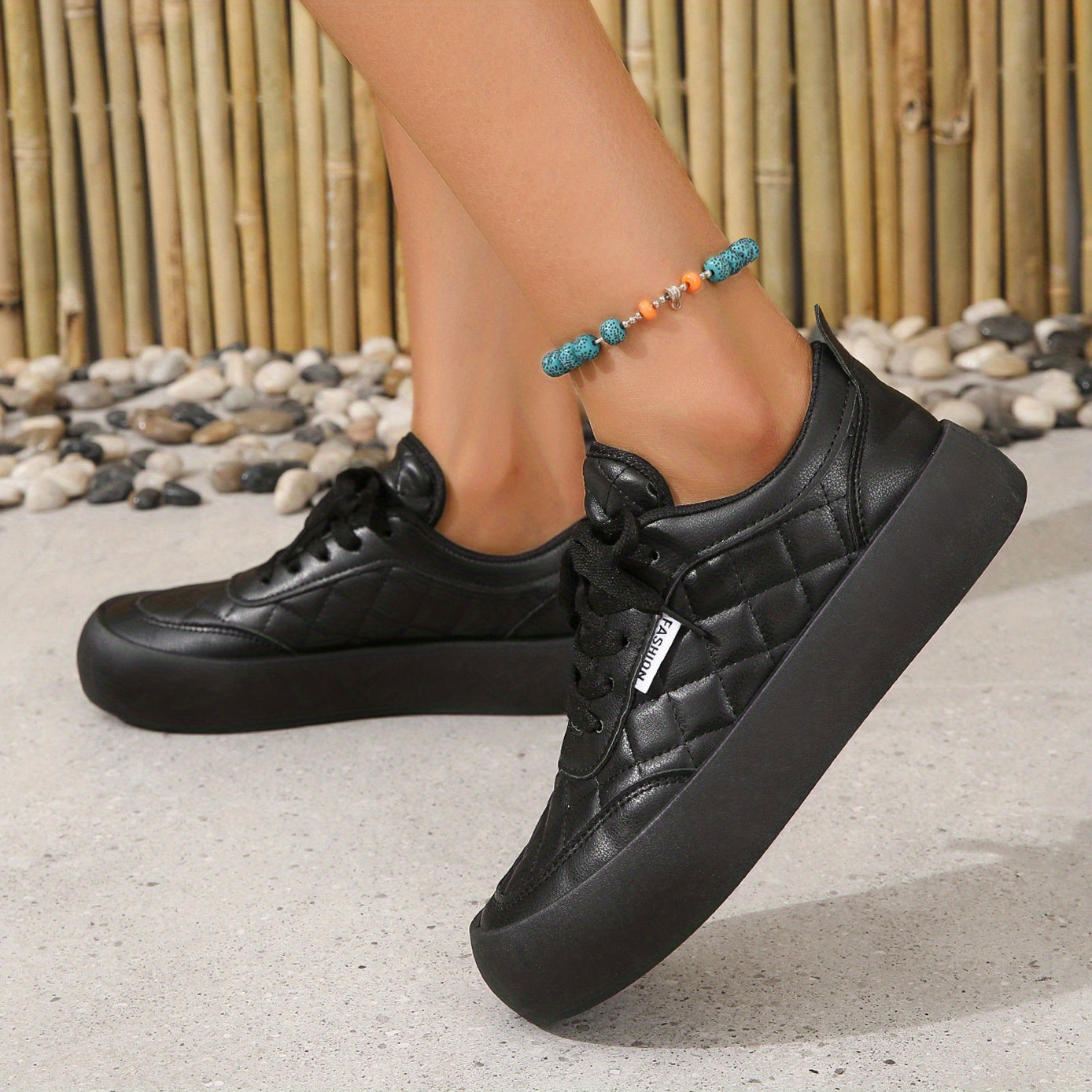 Women's Quilted Sneakers Lace Up Geometric Pattern Casual Shoes
