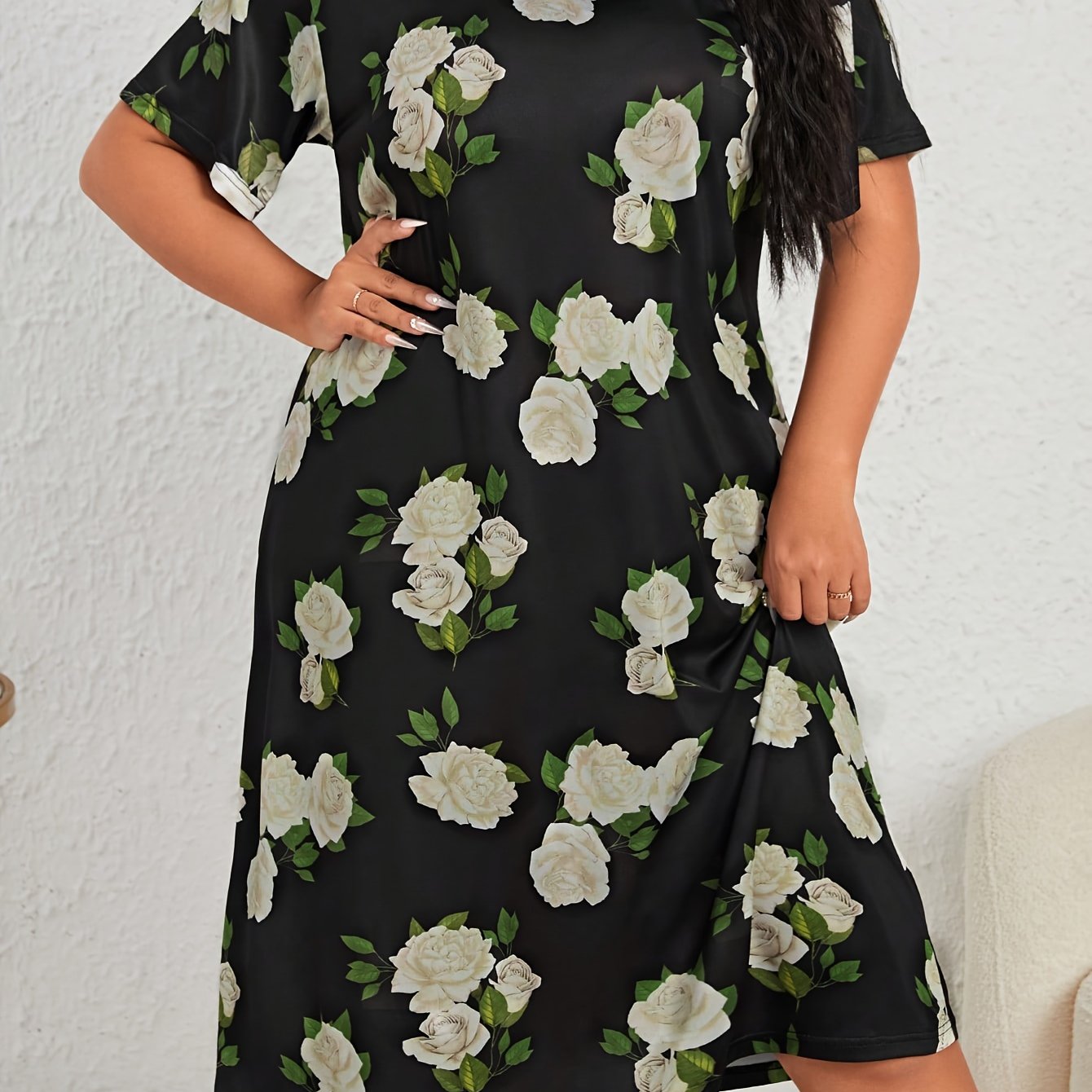 Nightdress Women's Plus Floral Print Short Sleeve Tee Sleep Dress