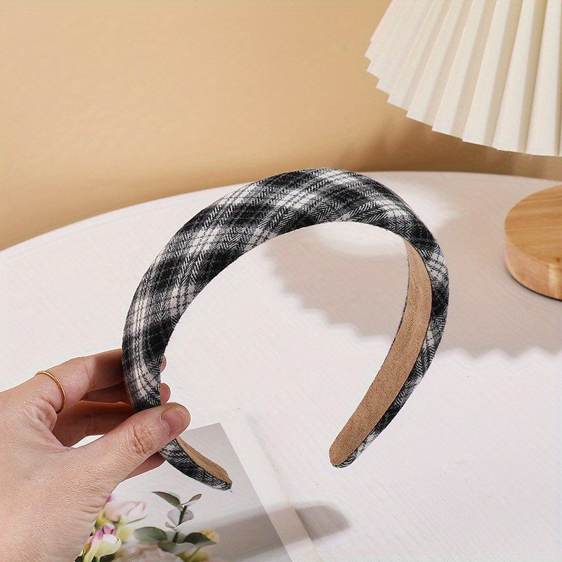 Plaid Pattern Wide Headband Soft Sponge Hair Hoop Vintage Hair Accessory
