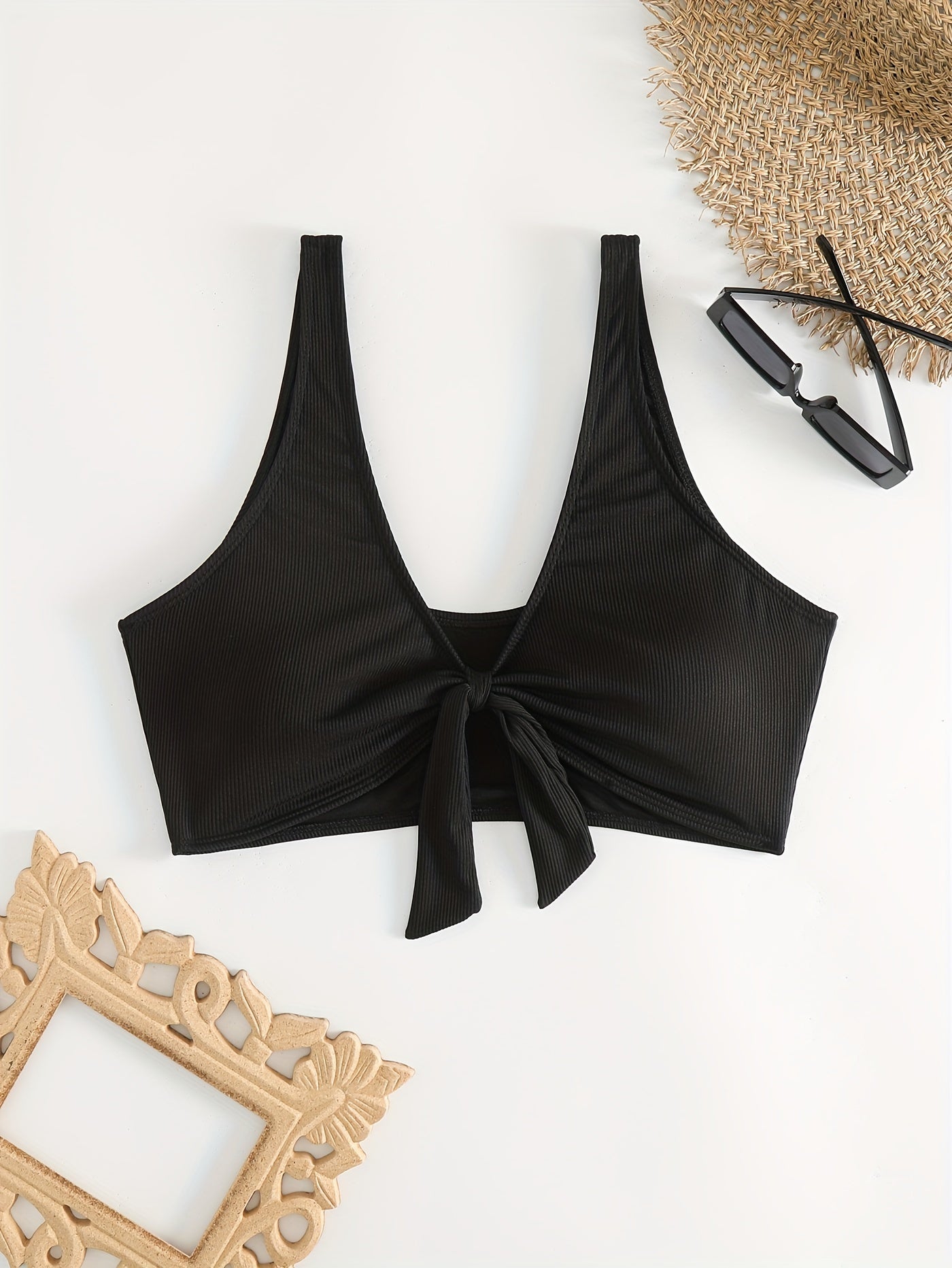 Ribbed Knit Bow Front V Neck Bikini Top