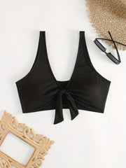 Ribbed Knit Bow Front V Neck Bikini Top