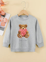 Cartoon Bear And Roses Sweatshirt For Girls Comfy Fit Pullover Tops Youth Kids