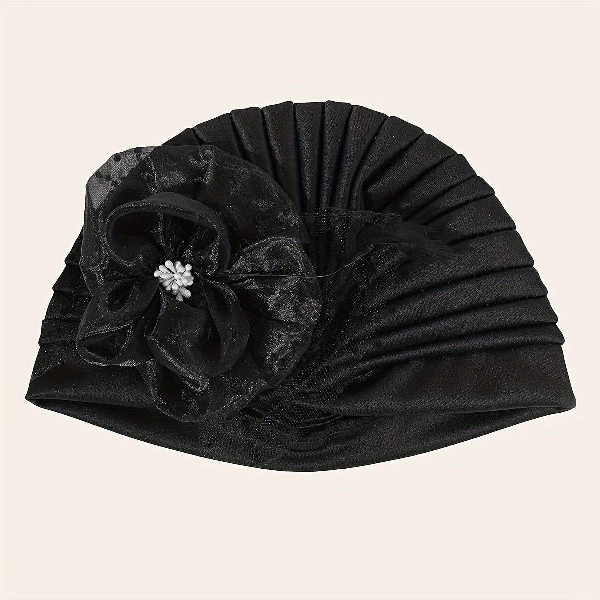 Feather Mesh Flower Turban Cap Solid Head Wrap Elastic Bonnet Chemo Hats