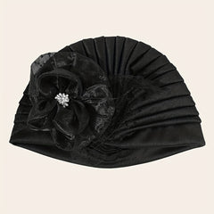 Feather Mesh Flower Turban Cap Solid Head Wrap Elastic Bonnet Chemo Hats