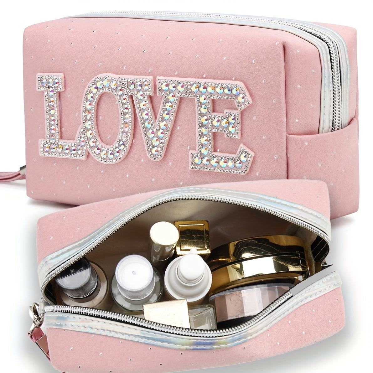 Queen Love Letter Cosmetic Toiletry Bag with Rhinestone Varsity Patches