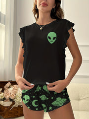 Alien Print Pajamas Set Flutter Sleeve Crew Neck Top & Shorts