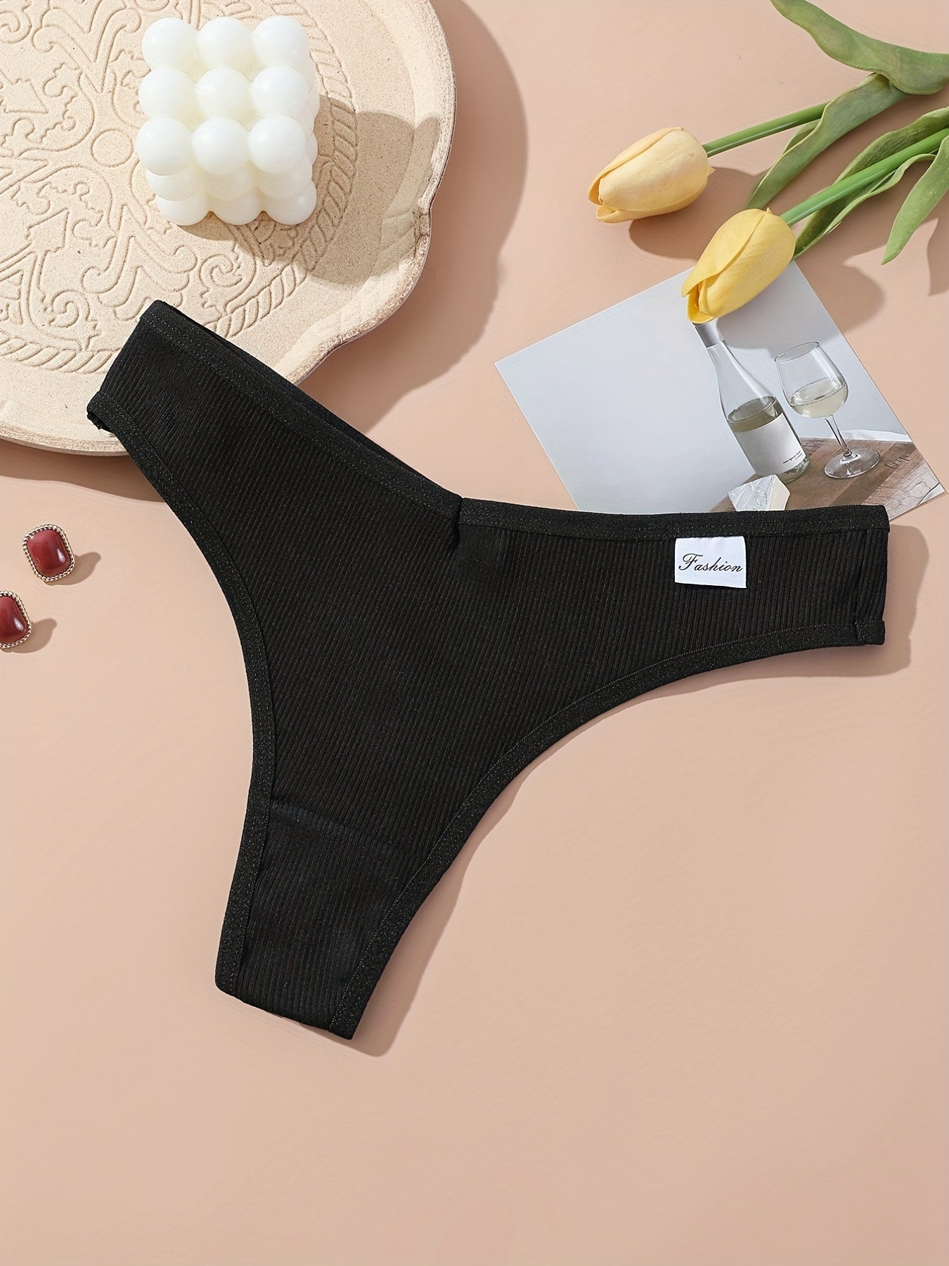 5pcs Ribbed Thongs Low Waist Intimates Panties Women's Lingerie