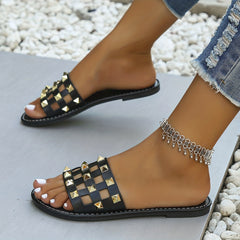 Women's Rivet Flat Slides Open Toe Slip On Slide Sandals
