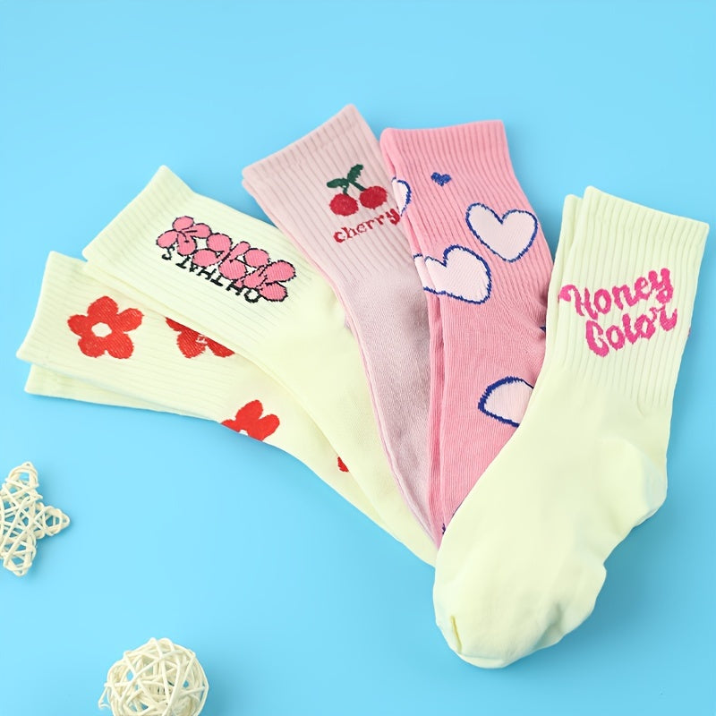 5 Pairs Letter & Heart Print Mid Tube Socks Women's Stockings & Hosiery