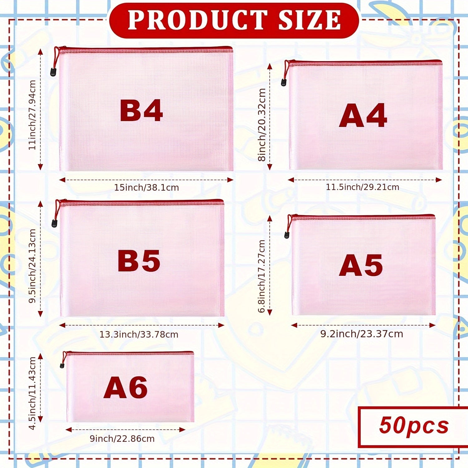 50pcs Mesh Zipper Pouch Waterproof Storage Bags 5 Sizes Travel Pouch