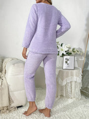 2pcs Plush Loungewear Set Long Sleeve Top & Solid Pants Women's Loungewear