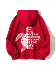 Turtle & Letter Print Kangaroo Pocket Hoodie Long Sleeve Drawstring Hoodies