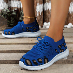 Leopard Printed Knit Sneakers Lace Up Round Toe Soft Sole Flatform Shoes