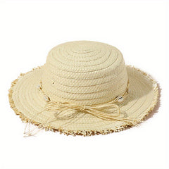 Boho Raw Edge Sun Hat Flat Top Straw Fedora Cap