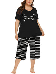 Kitten Print Pajamas Set Soft Short Sleeve T shirt & Shorts 2pcs Set