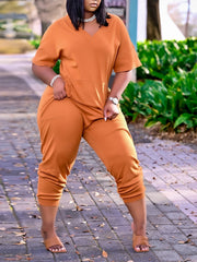 Solid Short Sleeve V Neck Tee & Pants Outfits Set