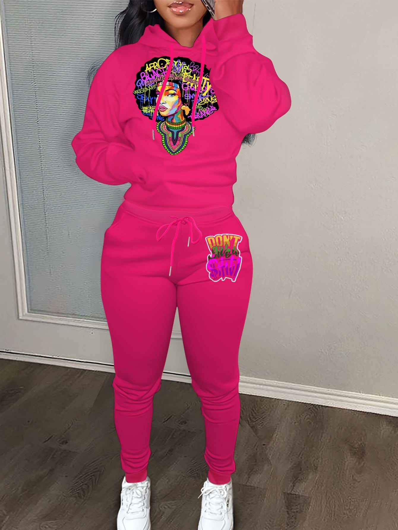 Women's Plus Figure & Letter Print Hoodie & Joggers Outfits 2 Piece Set