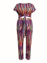Striped Short Sleeve Crop Top & Pants Outfits Set