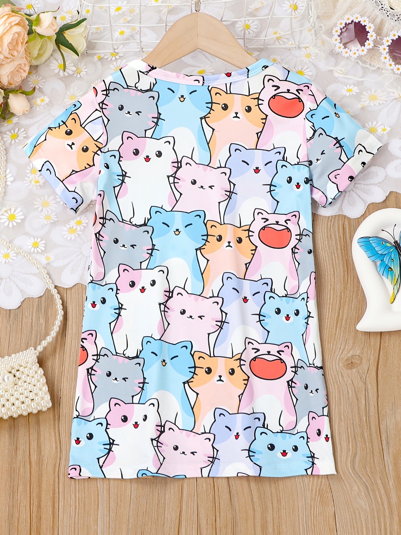 Cats Allover Print Girls Short Sleeve T Shirt Dress