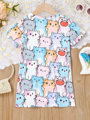 Cats Allover Print Girls Short Sleeve T Shirt Dress