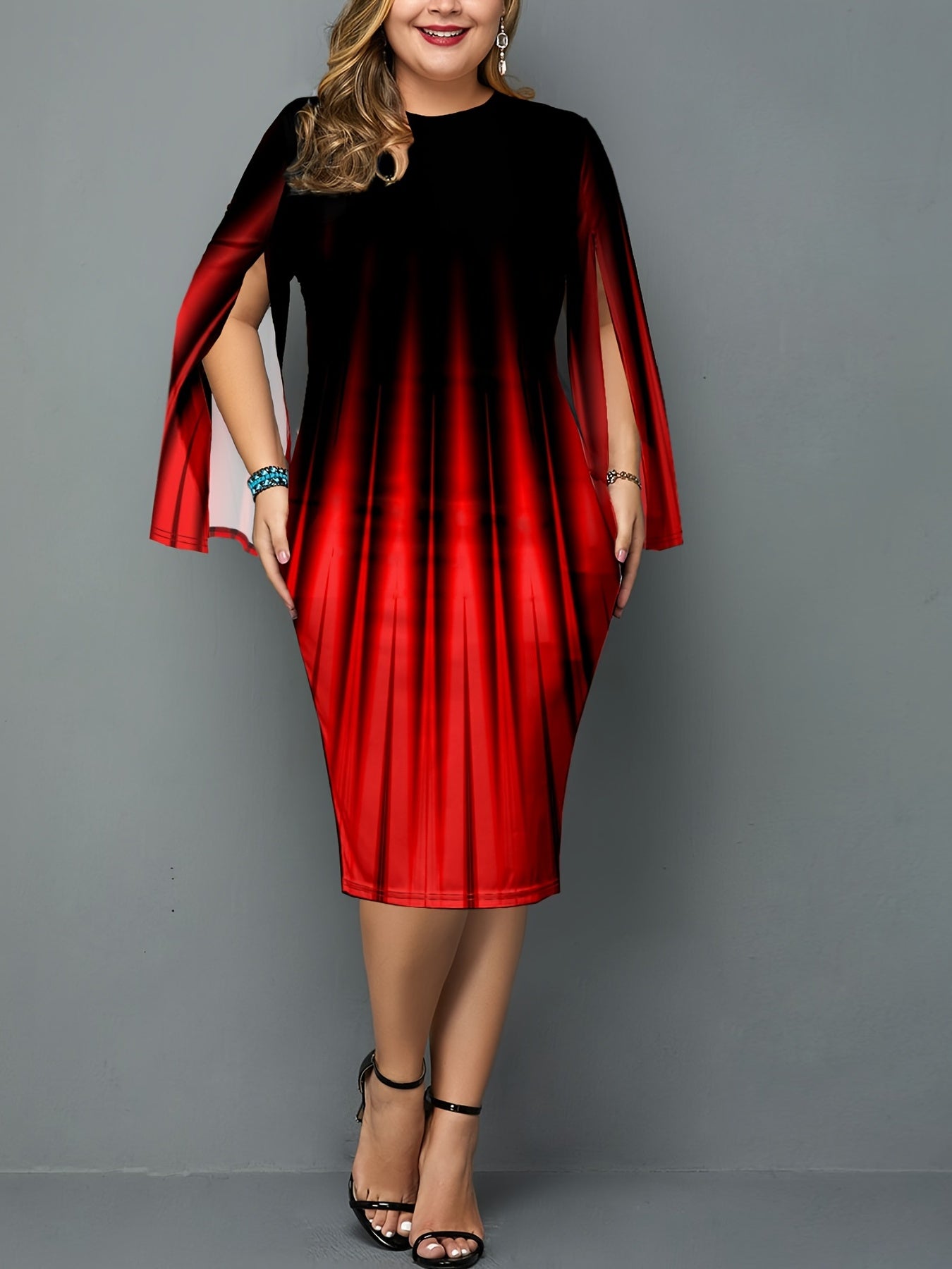 Ombre Stripe Print Long Sleeve Midi Dress