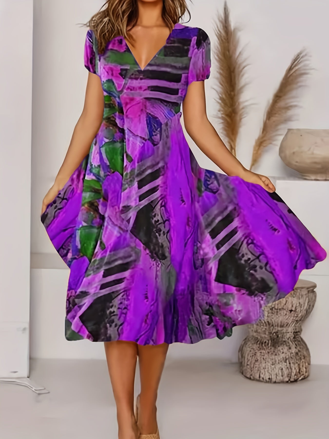 Casual Dress Women's Plus Painting Print Short Sleeve V Neck