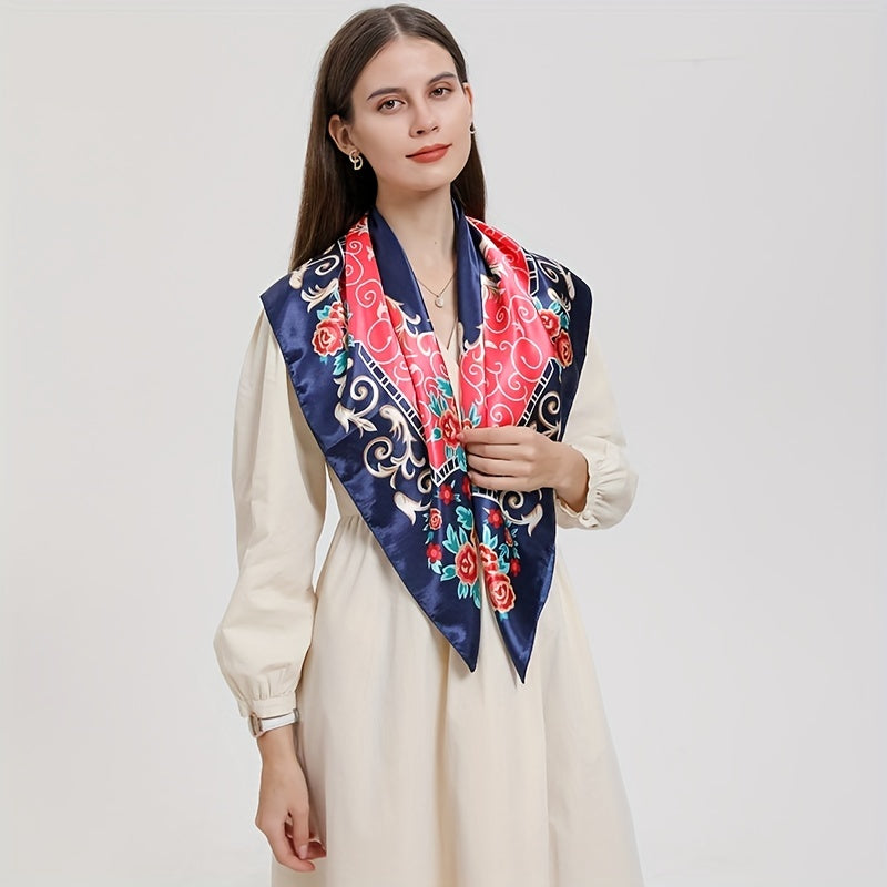 Vintage Floral Print Square Scarf Satin Shawl Women Head Wraps