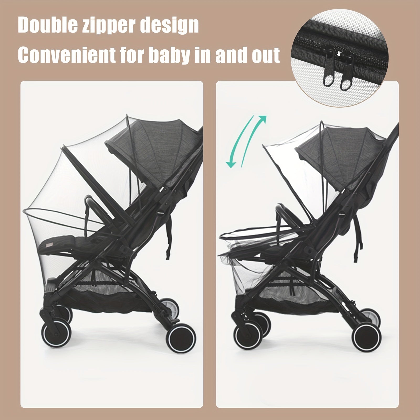 Foldable Mosquito Net for Stroller, Full Cover, Double Zipper