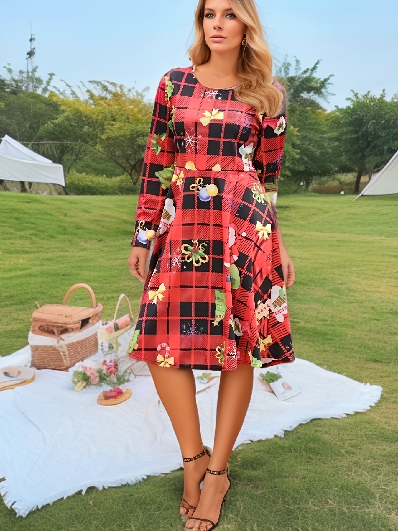 Women's Plus Christmas Print Long Sleeve A line Knee Length Dress