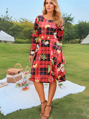 Women's Plus Christmas Print Long Sleeve A line Knee Length Dress