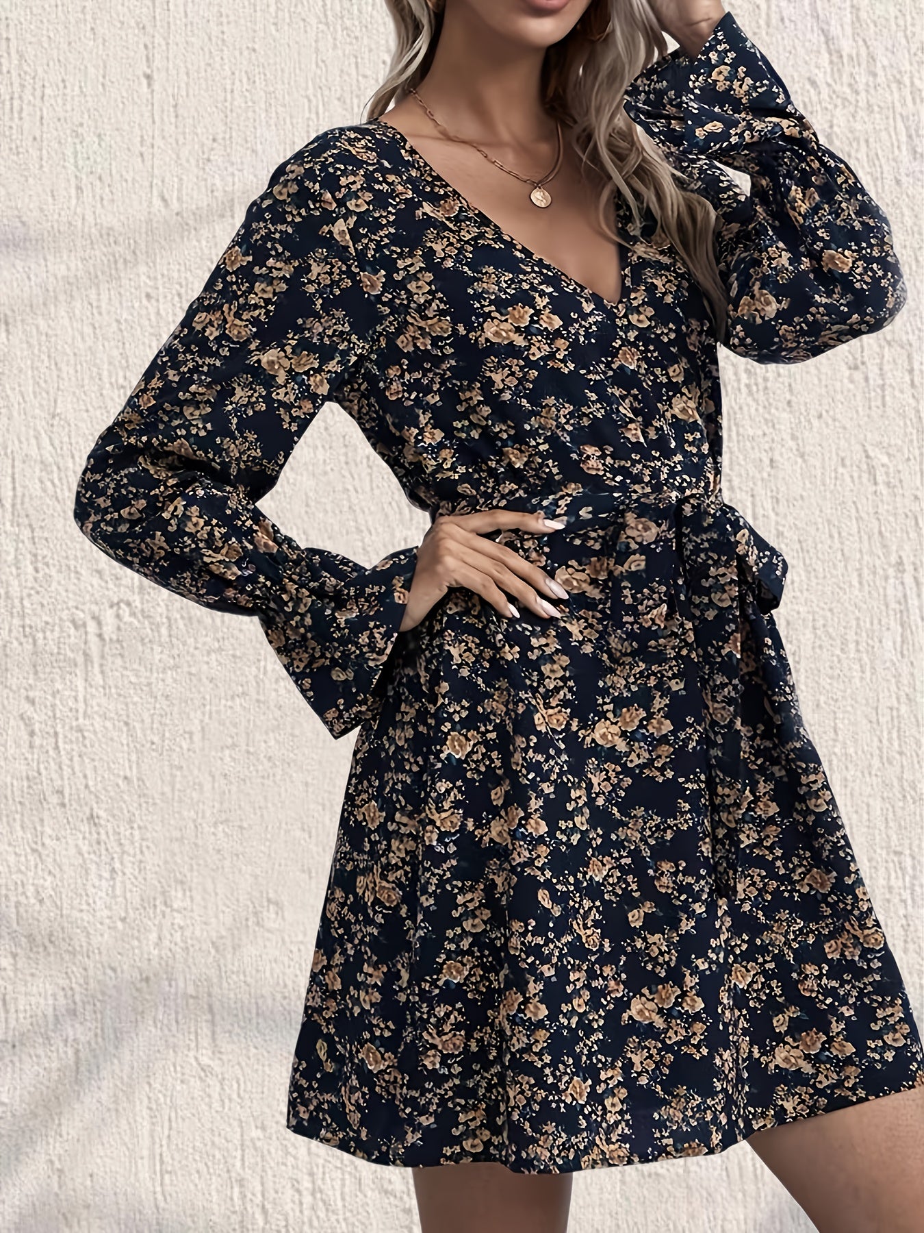 Floral Print V Neck Dress Long Sleeve Belted