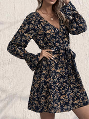 Floral Print V Neck Dress Long Sleeve Belted