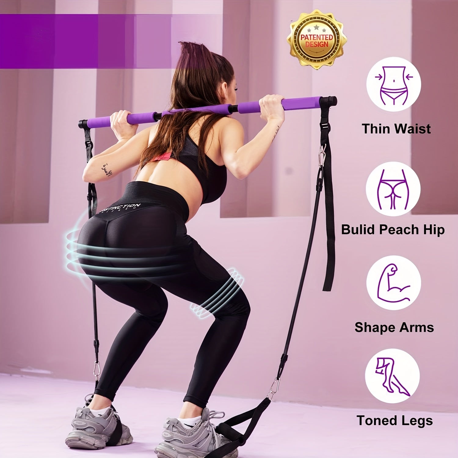 Pilates Bar Kit & Resistance Bands Fitness Set with Ab Roller