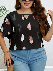 Feather Print Cut Out Short Sleeve T shirt - Women's Plus Size