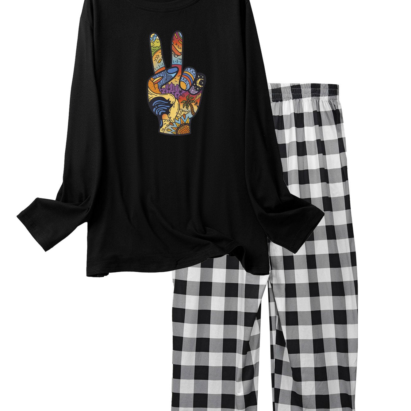 Gesture Print Pajama Set Long Sleeve Crew Neck Top & Elastic Waistband Pants