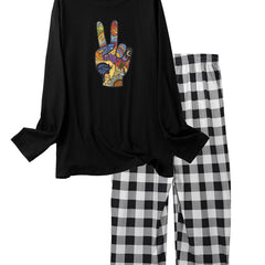 Gesture Print Pajama Set Long Sleeve Crew Neck Top & Elastic Waistband Pants