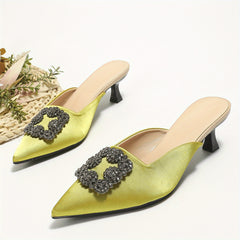 Satin Kitten Heels Rhinestone Slingback Sandals