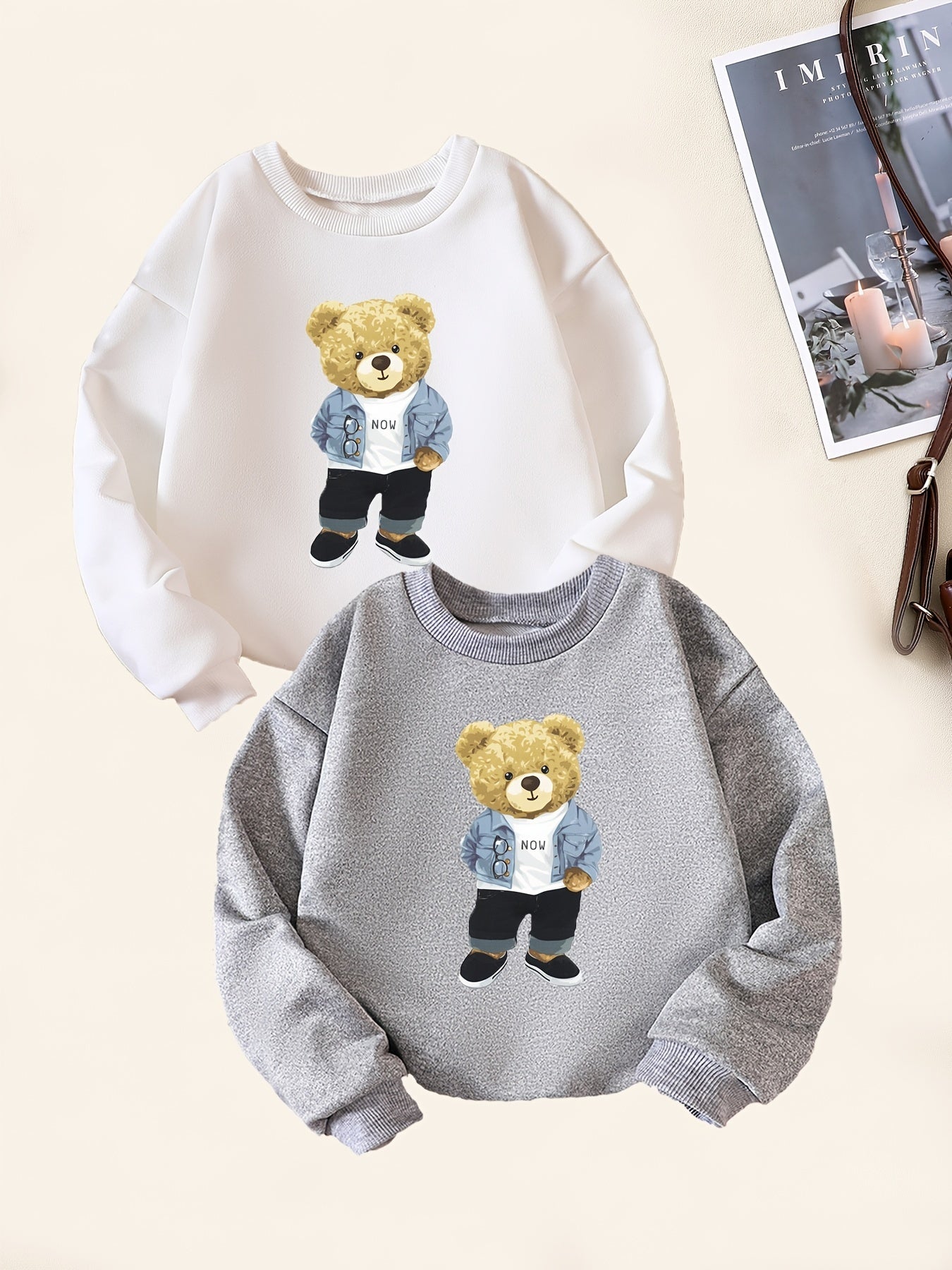 2pcs Bear Print Boys Casual Pullover Sweatshirt Long Sleeve Tops