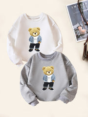 2pcs Bear Print Boys Casual Pullover Sweatshirt Long Sleeve Tops
