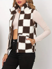 Plaid Zip Up Vest Jacket Casual Pockets Thermal Teddy Vest