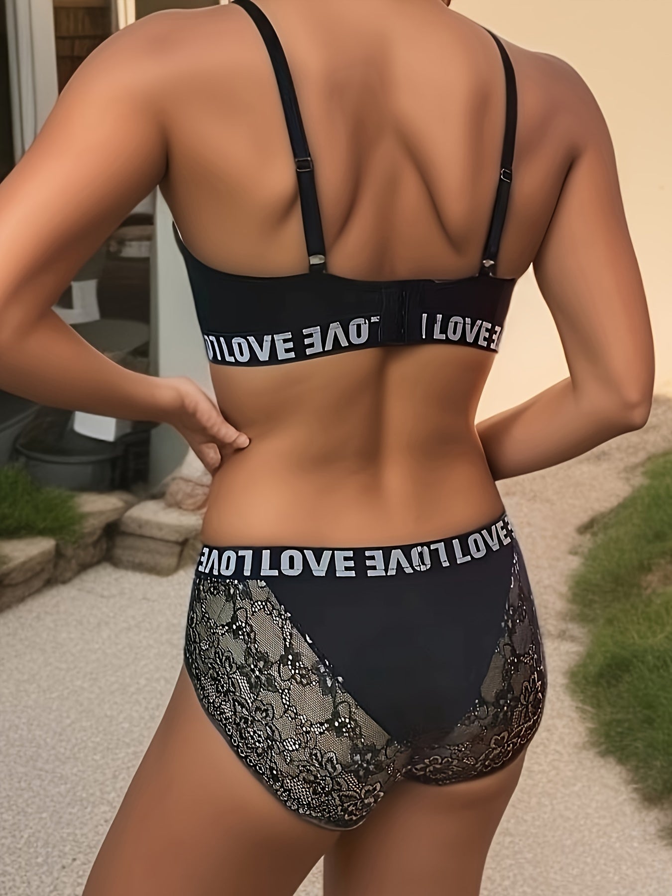 Lace Lingerie Set with Cut Out Bra & Letter Tape Panties