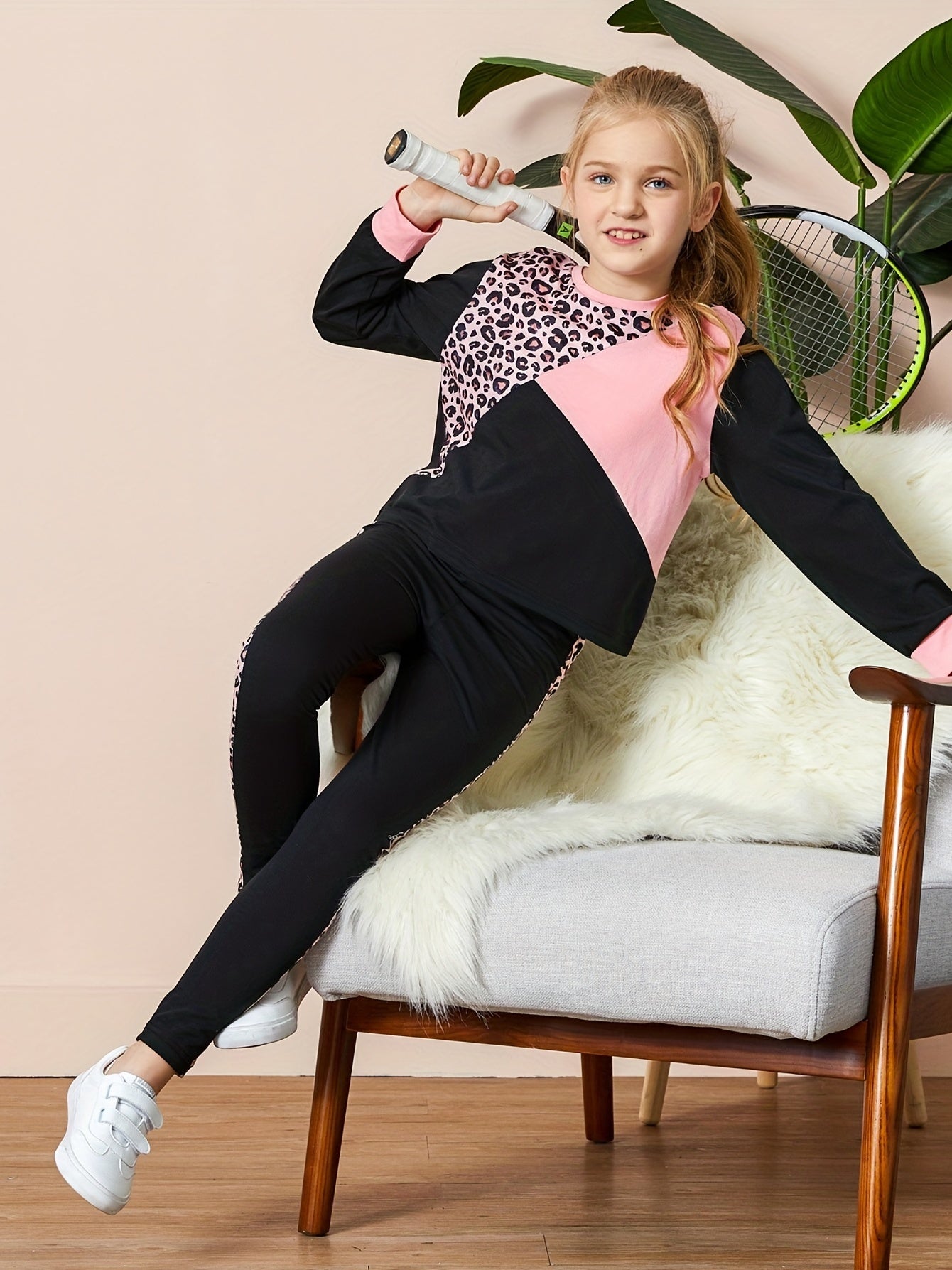 Girls Pink Leopard Colorblock Long Sleeve Sports Suit