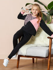 Girls Pink Leopard Colorblock Long Sleeve Sports Suit