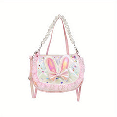 Sequin Rabbit Ears Handbag with Faux Pearl Handle for Girls