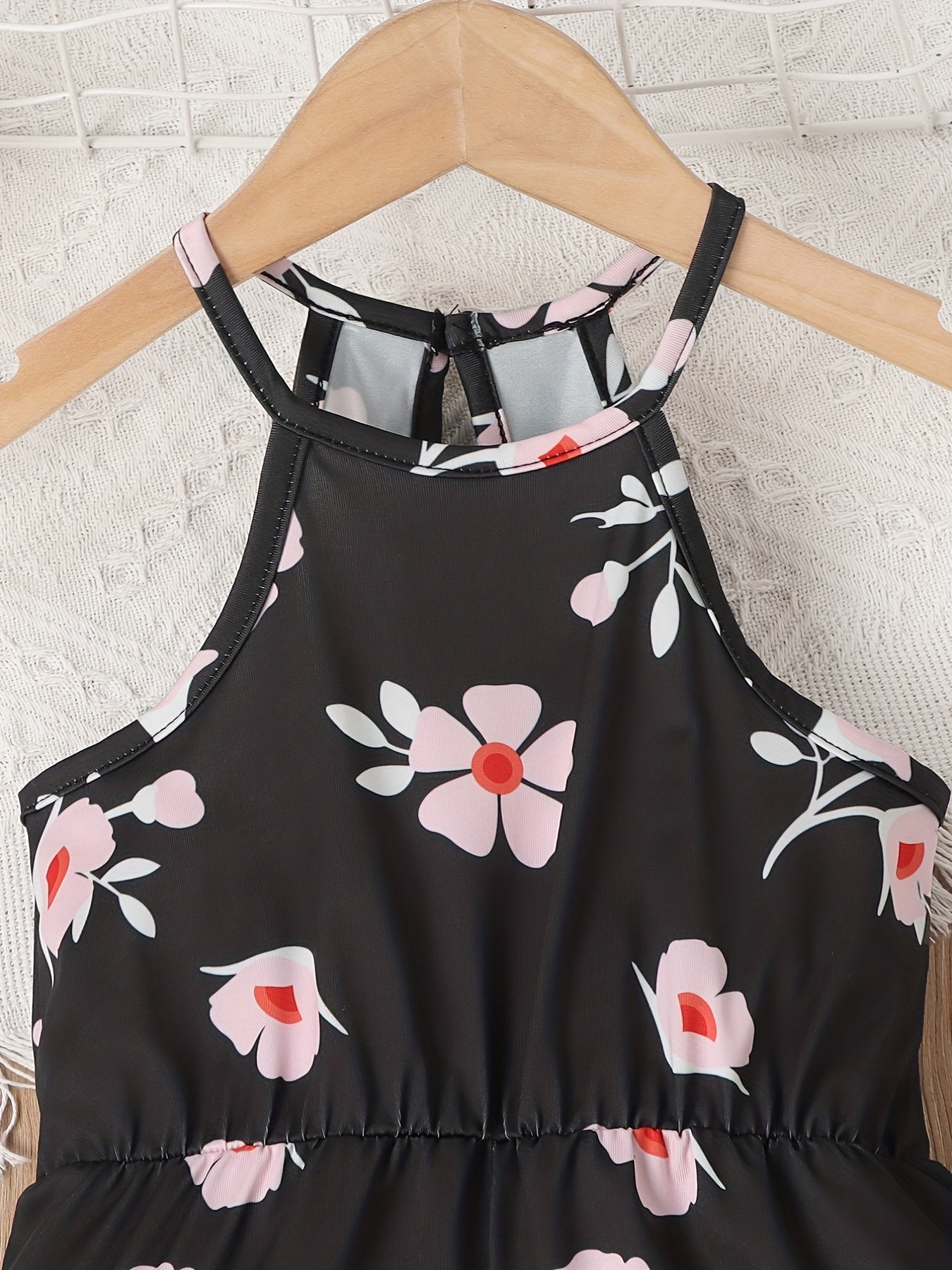 Girls Flower Print Casual Halter Neck Sleeveless Rompers