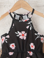 Girls Flower Print Casual Halter Neck Sleeveless Rompers
