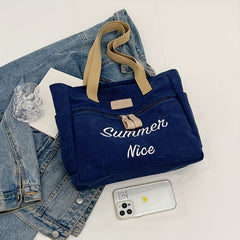 Vintage Letter Embroidered Tote Bag Retro Canvas Shoulder Bag Women's Casual