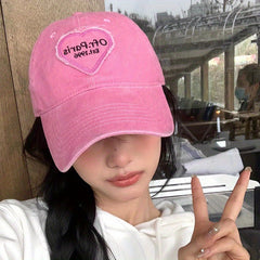 Pink Heart Patch Baseball Cap Vintage Washed Distressed Sun Hat