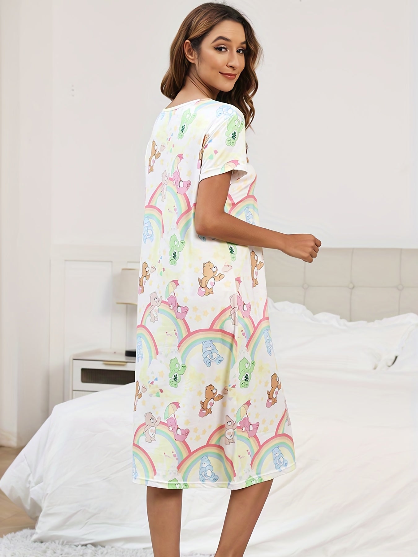 Cartoon Bear Print Lounge Dresses & Comfy Short Sleeve Home Dress